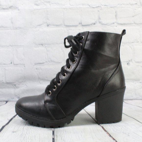Big Buddha Shoes - Big Buddah Black Leather Lace Up Side Zip Chunky Heel Motto Boots US 9